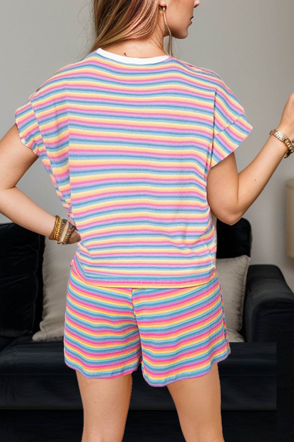 Striped Round Neck Top and Shorts Set - DaTrendStore.Com