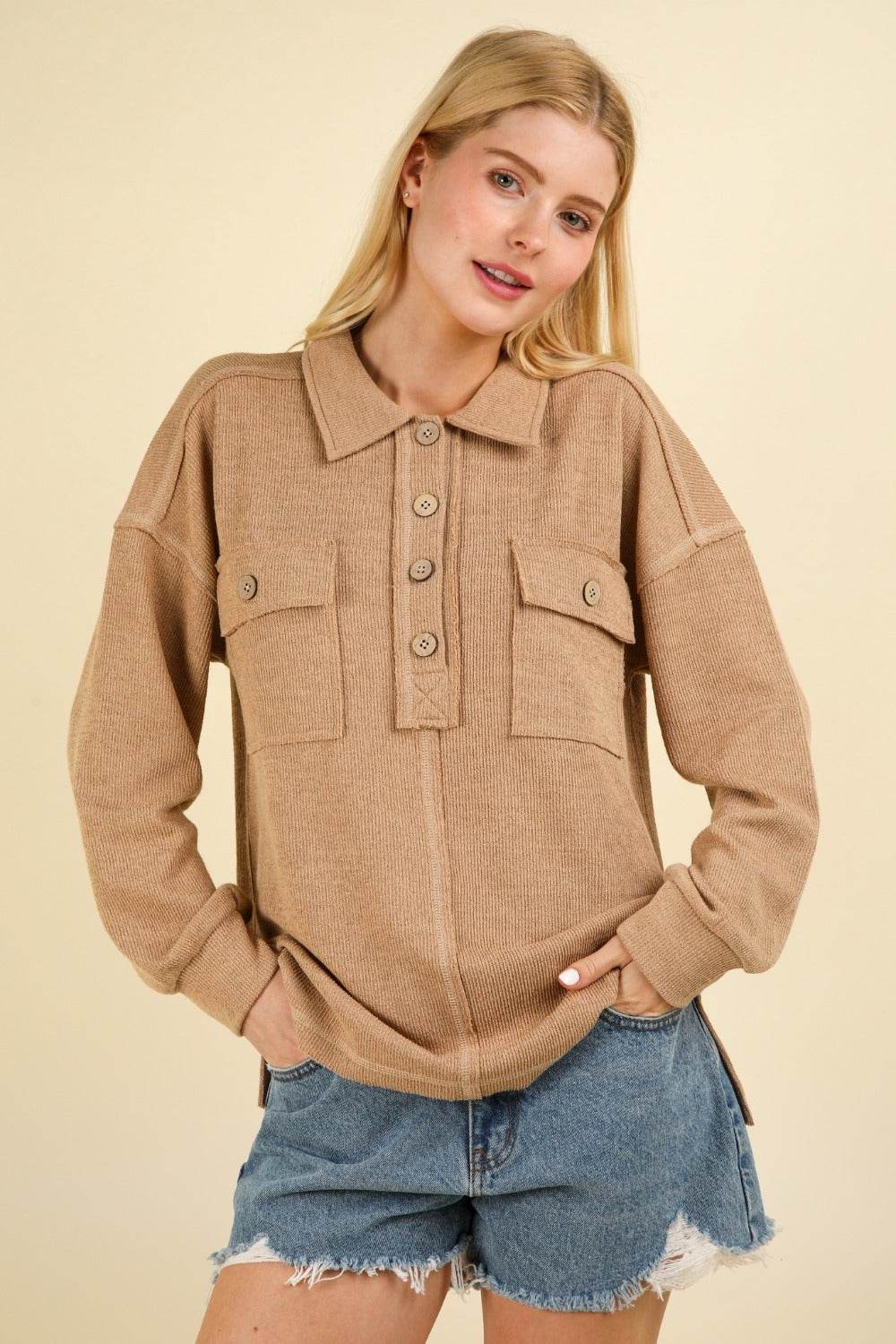 VERY J Collared Half Button Knit Top with Pockets - DaTrendStore.Com