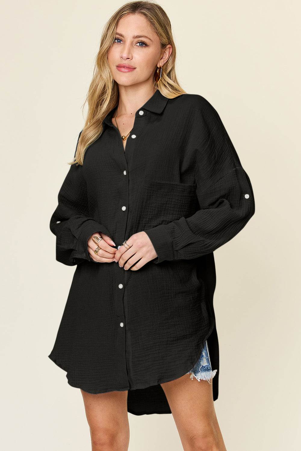 Double Take Full Size Pocketed Texture Button Up Shirt - DaTrendStore.Com