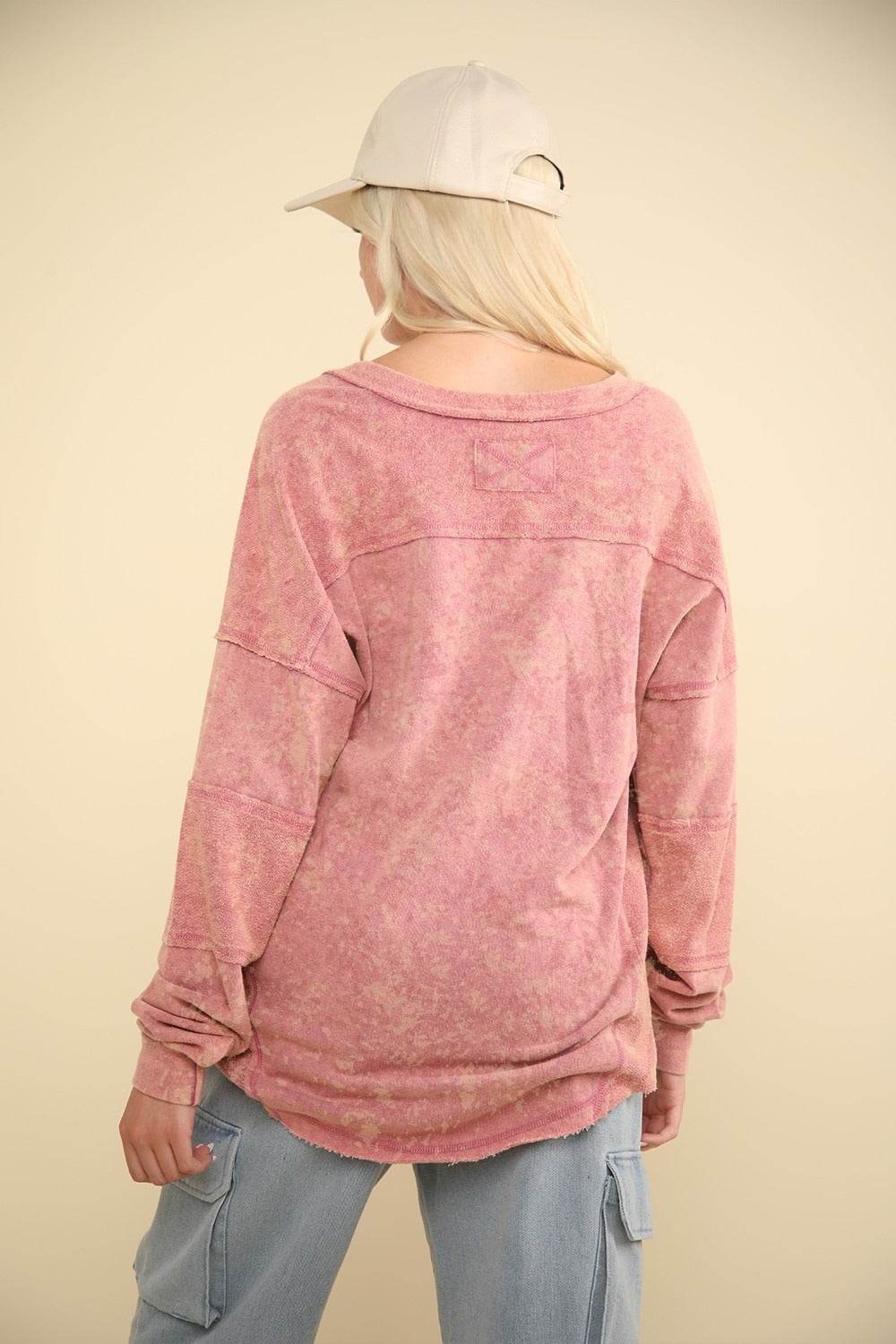 VERY J Washed V-Neck Exposed Seam Knit Top - DaTrendStore.Com