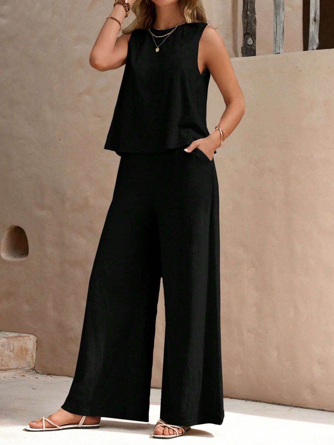 Round Neck Sleeveless Top and Wide Leg Pants Set - DaTrendStore.Com