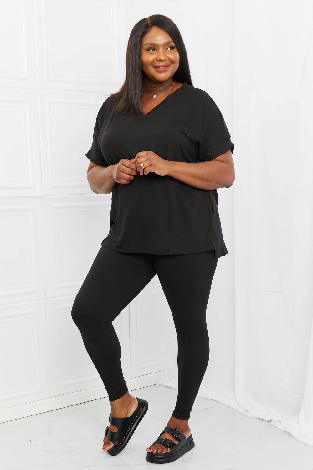 Zenana Self Love Full Size Brushed DTY Microfiber Lounge Set in Black - DaTrendStore.Com