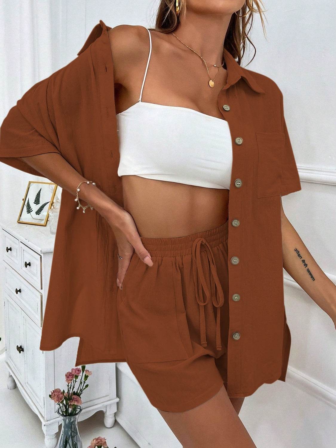Honey Button Up Half Sleeve Top and Shorts Set - DaTrendStore.Com