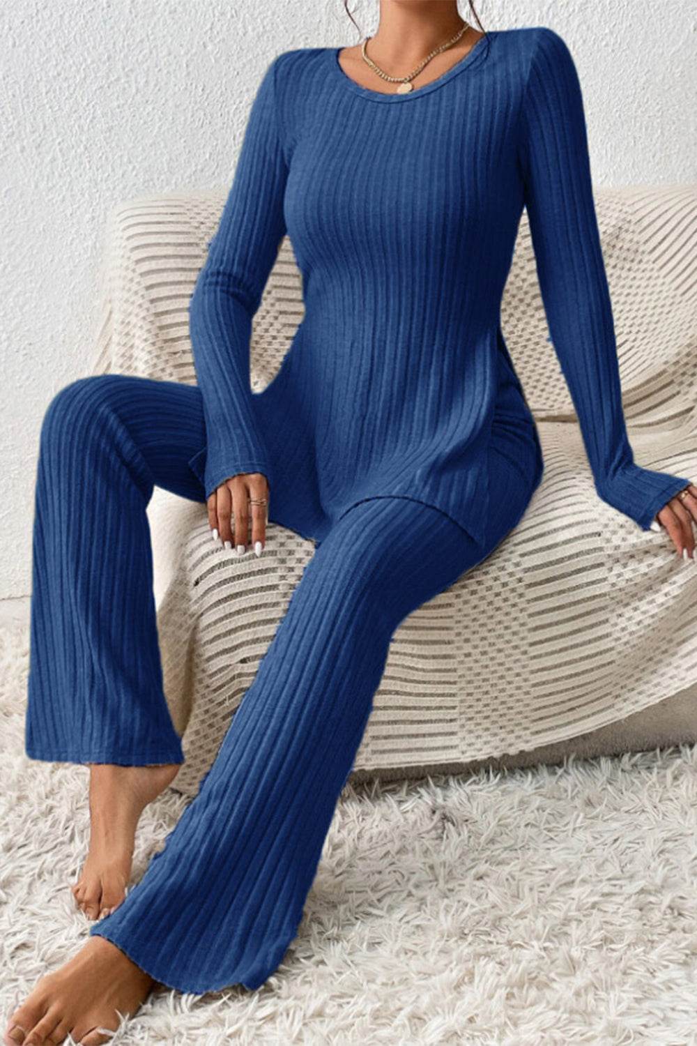 Ribbed Long Sleeve Slit Top and Bootcut Pants Set - DaTrendStore.Com
