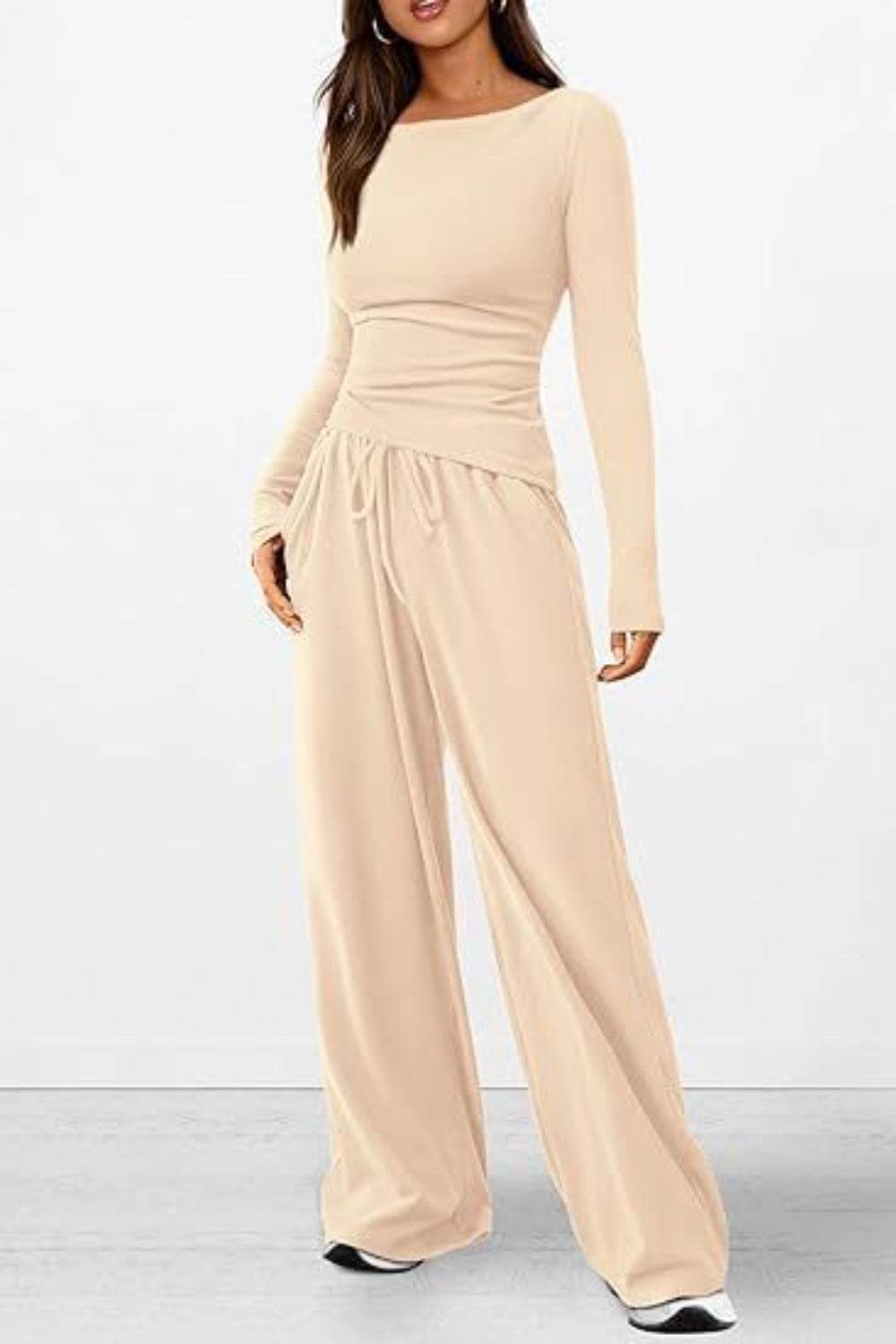 Round Neck Long Sleeve Top and Pants Set - DaTrendStore.Com