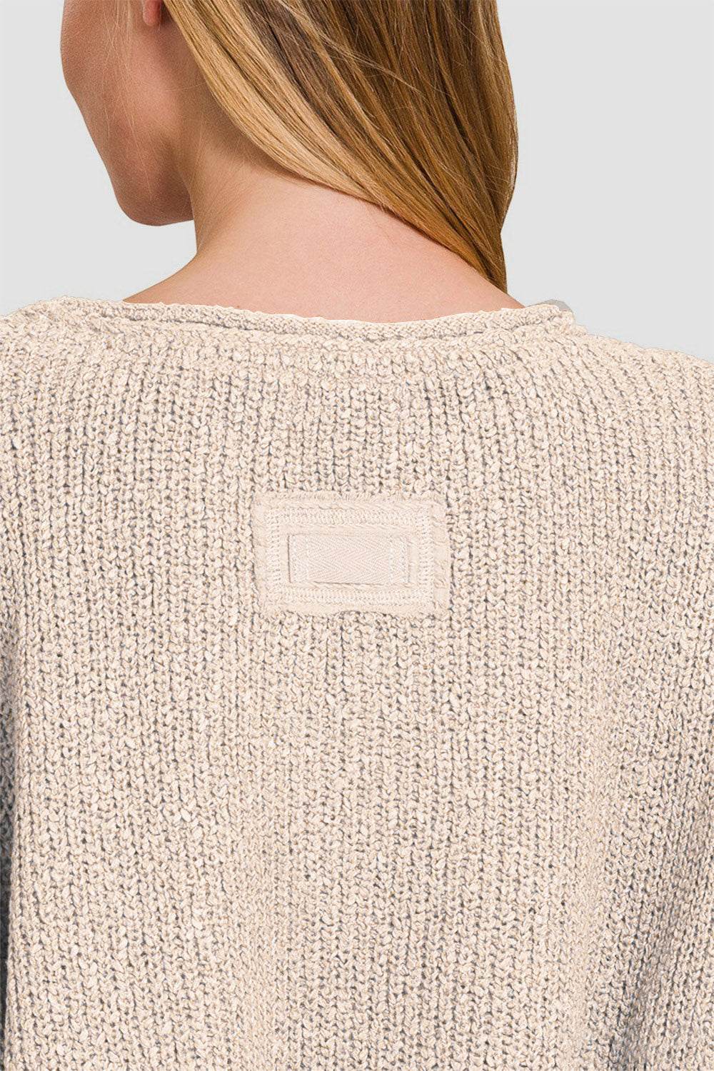 Zenana Notched Side Slit Patch Sweater - DaTrendStore.Com