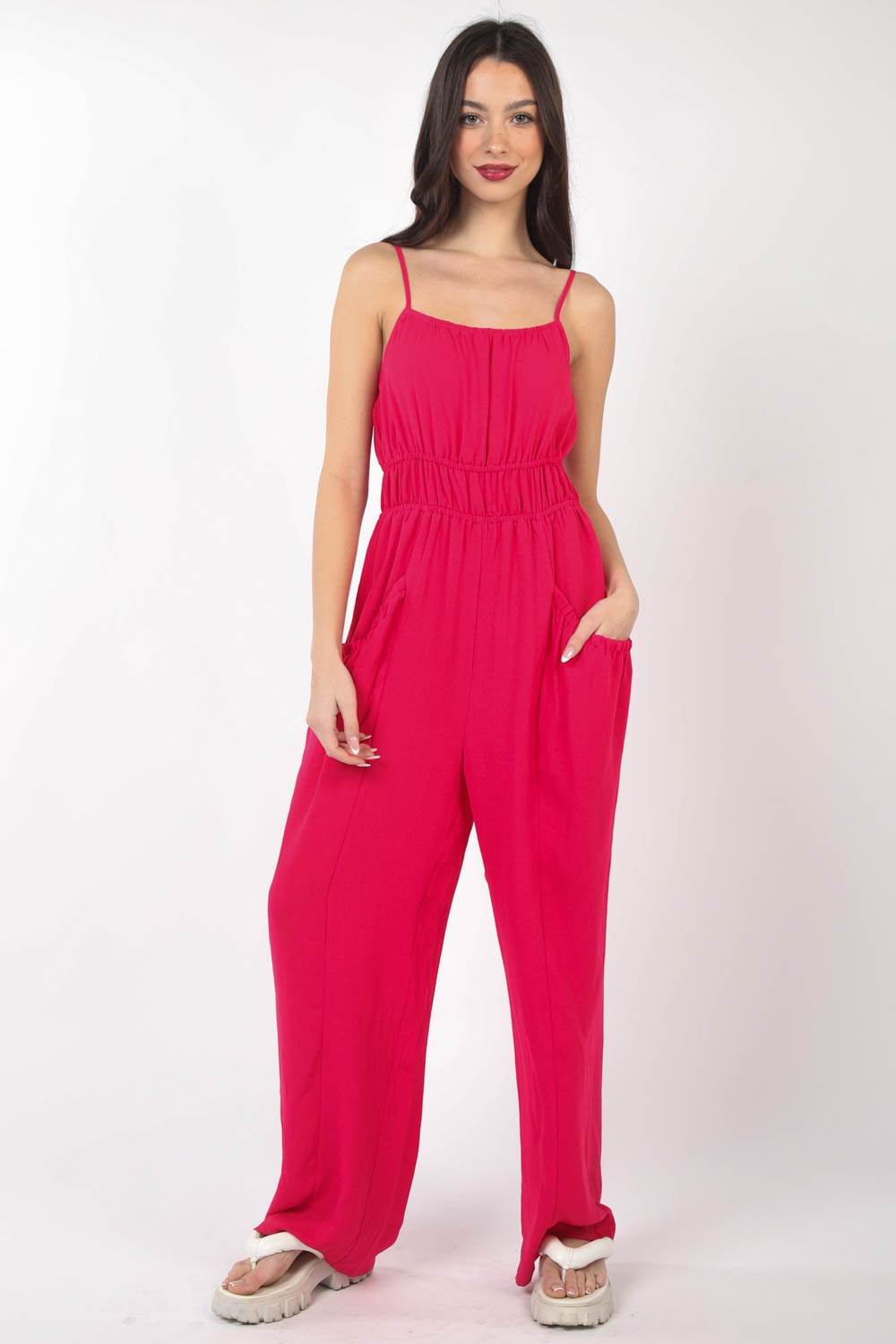 VERY J Pintuck Detail Woven Sleeveless Jumpsuit - DaTrendStore.Com