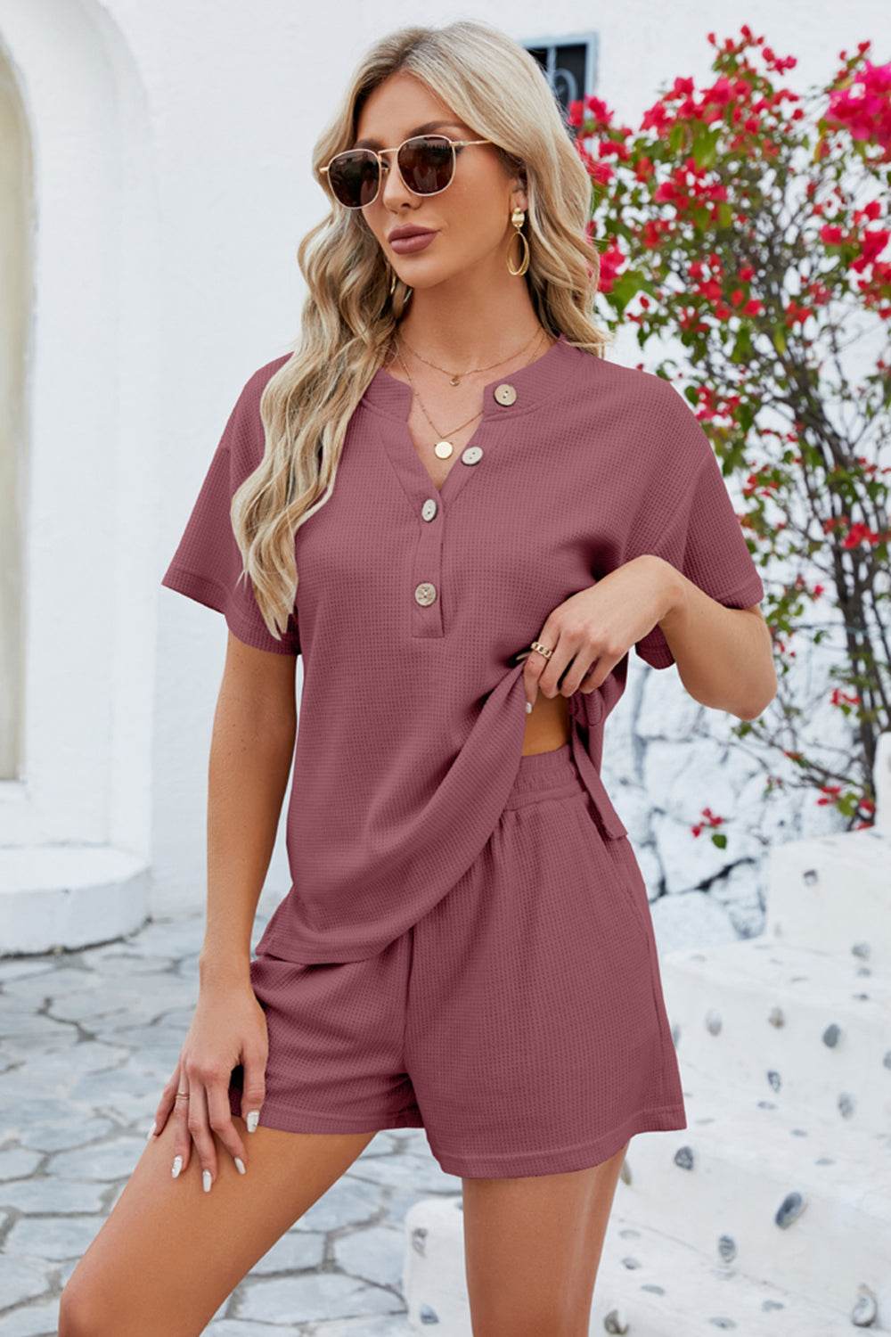 Notched Button Detail Dropped Shoulder Top and Shorts Set - DaTrendStore.Com