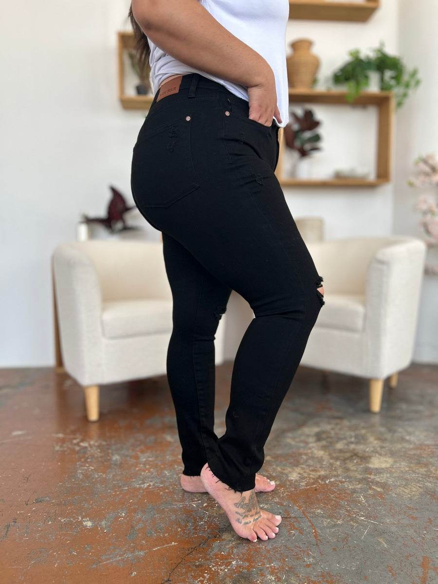 Judy Blue Full Size Distressed Tummy Control High Waist Skinny Jeans - DaTrendStore.Com