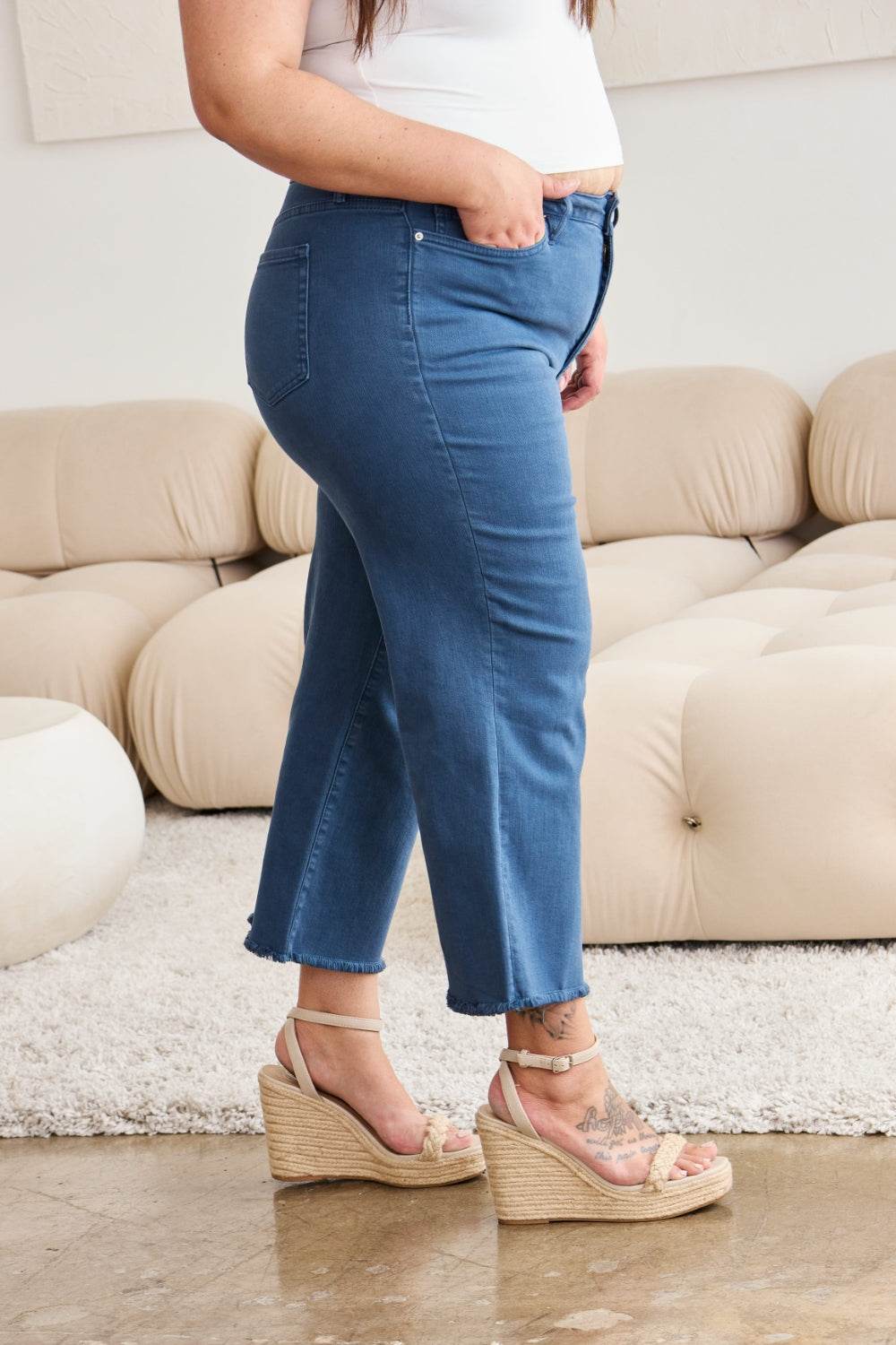 RFM Crop Chloe Full Size Tummy Control High Waist Raw Hem Jeans - DaTrendStore.Com