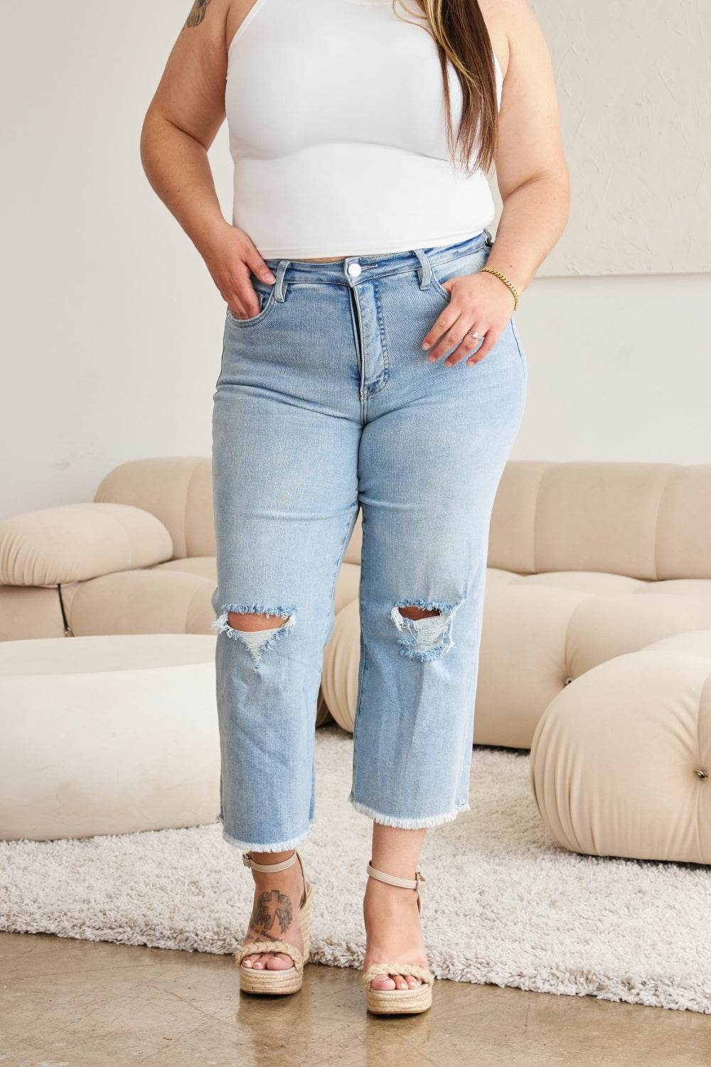 RFM Full Size Tummy Control High Waist Raw Hem Distressed Jeans - DaTrendStore.Com