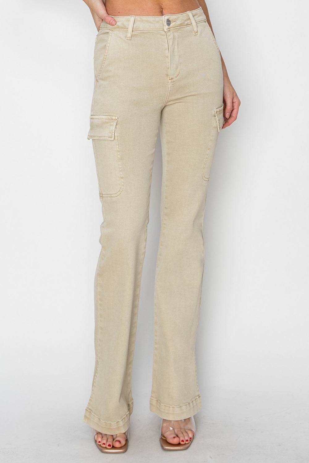 RISEN Full Size High Rise Side Slit Cargo Bootcut Jeans - DaTrendStore.Com