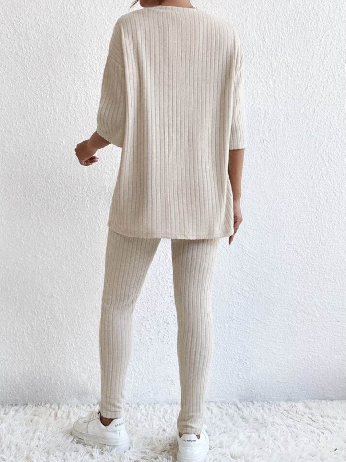 Ribbed Round Neck T-Shirt and Pants Lounge Set - DaTrendStore.Com