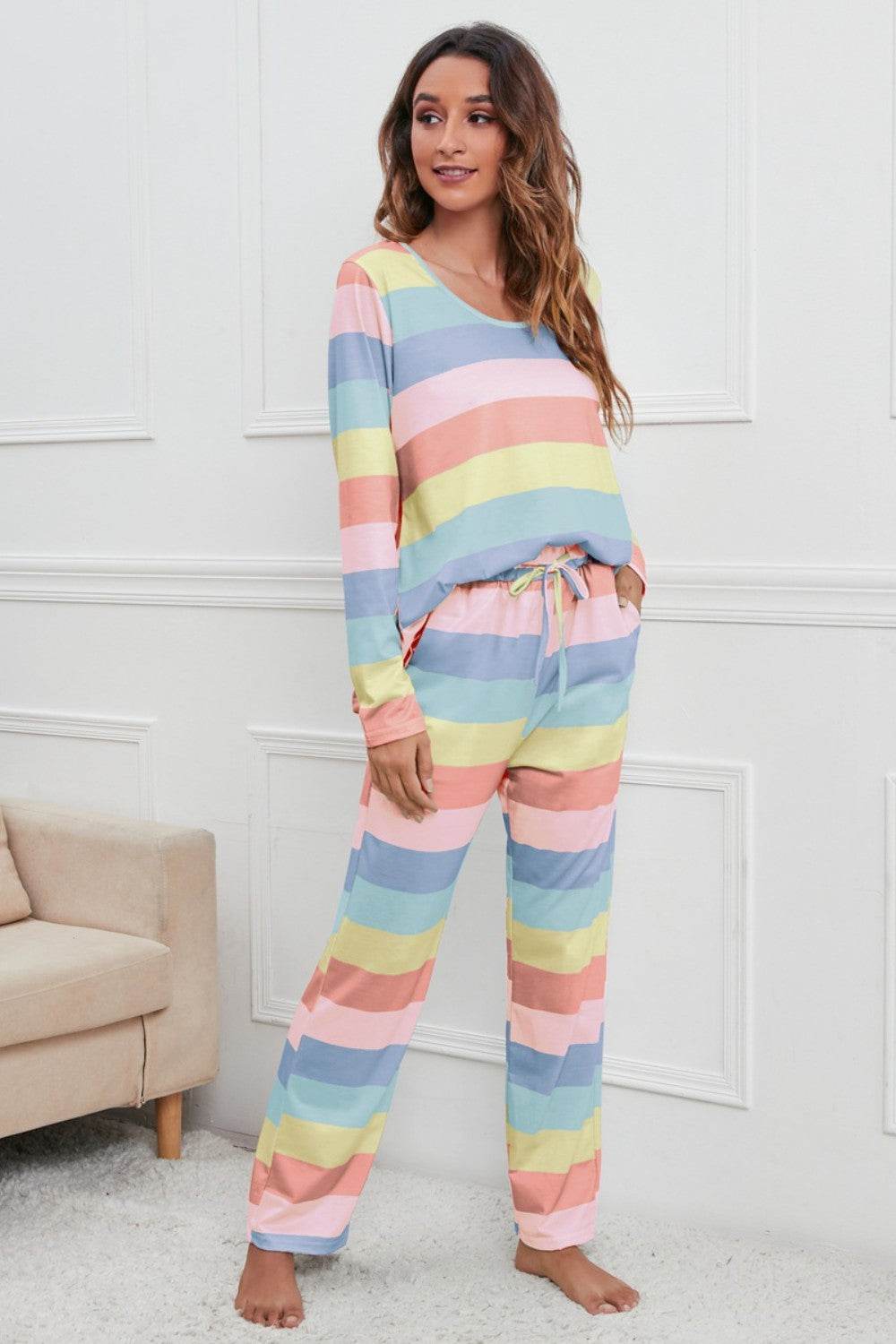 Striped Round Neck Long Sleeve Top and Drawstring Pants Lounge Set - DaTrendStore.Com