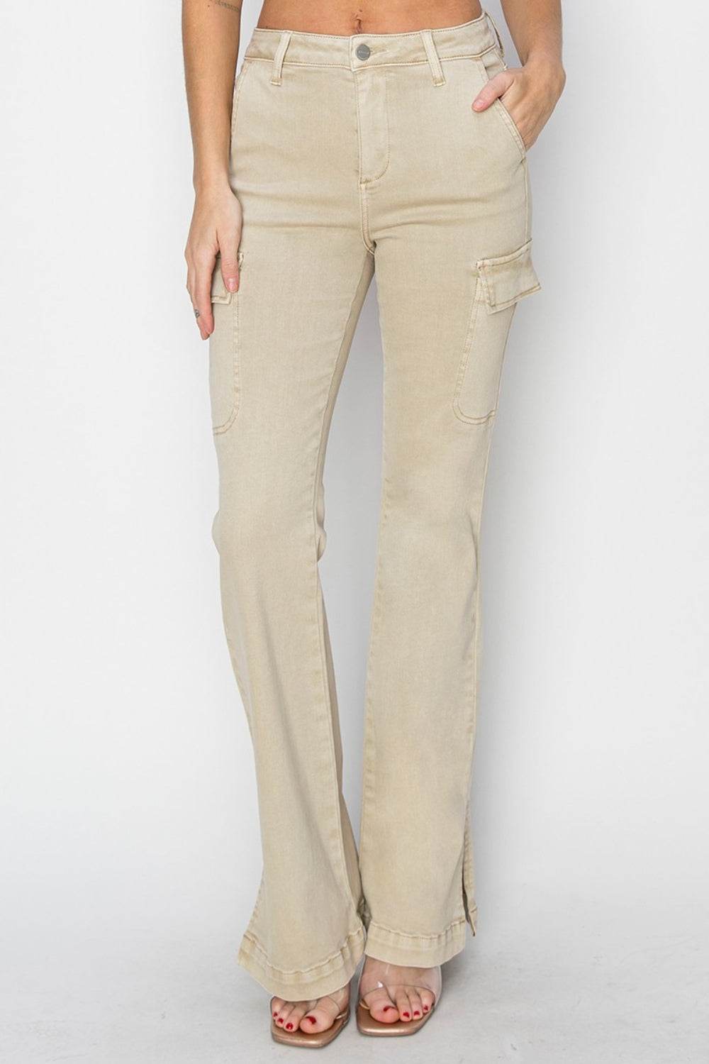 RISEN Full Size High Rise Side Slit Cargo Bootcut Jeans - DaTrendStore.Com