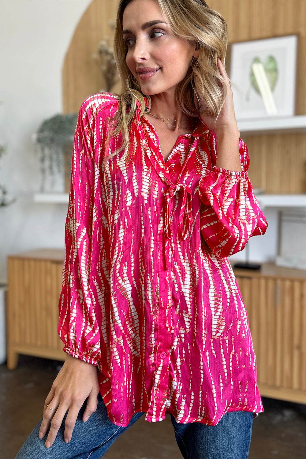 Double Take Full Size Printed Button Up Long Sleeve Shirt - DaTrendStore.Com