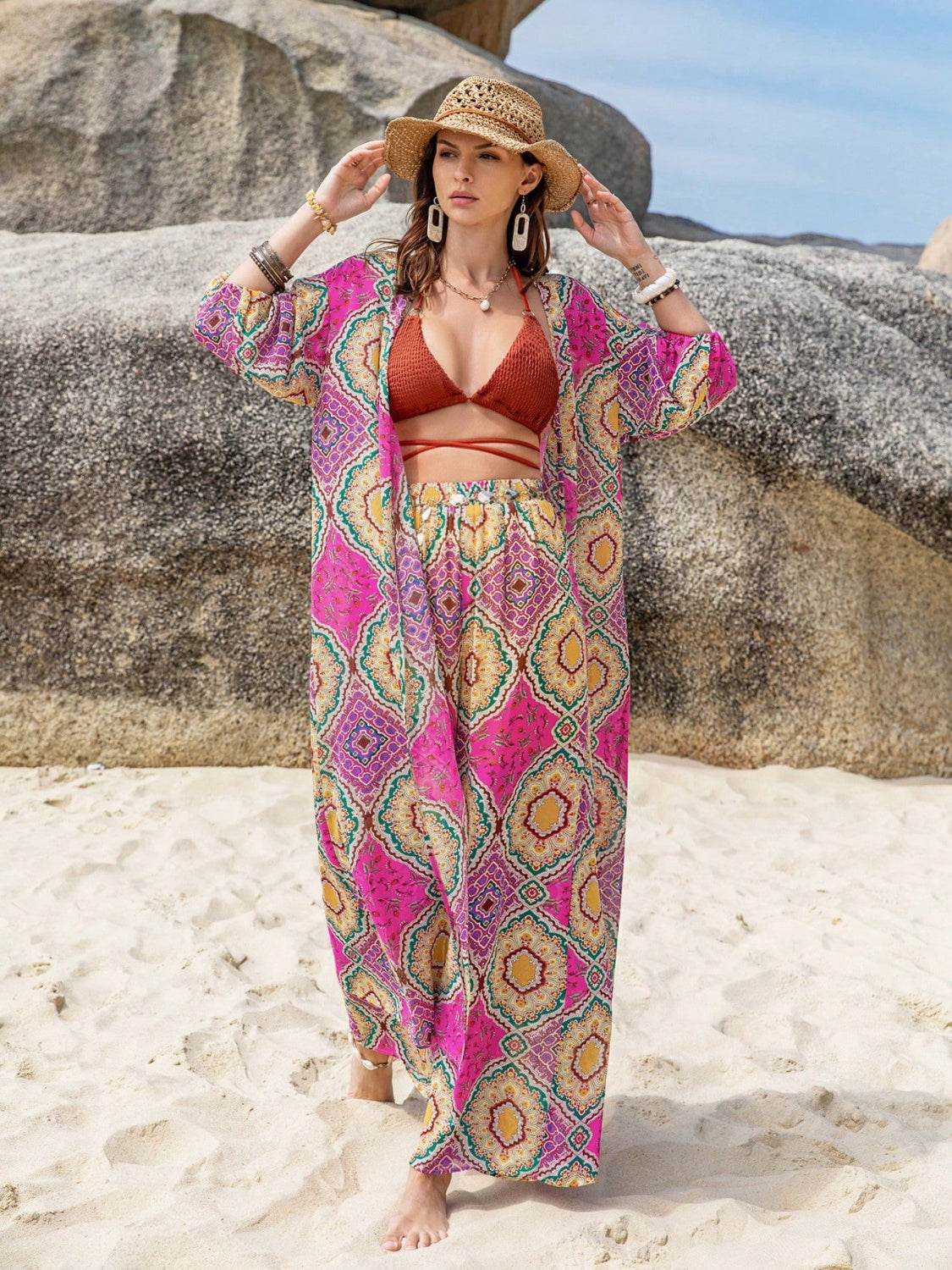 Printed Open Front Cardigan and Pants Set - DaTrendStore.Com