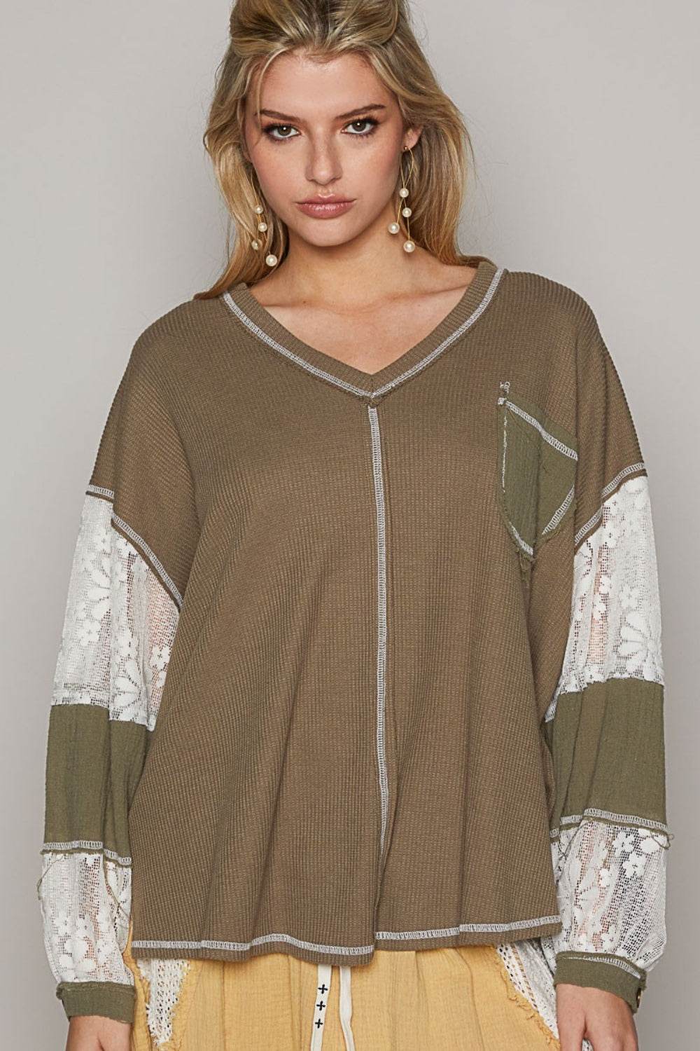 POL V-Neck Lace Balloon Sleeve Exposed Seam Top - DaTrendStore.Com