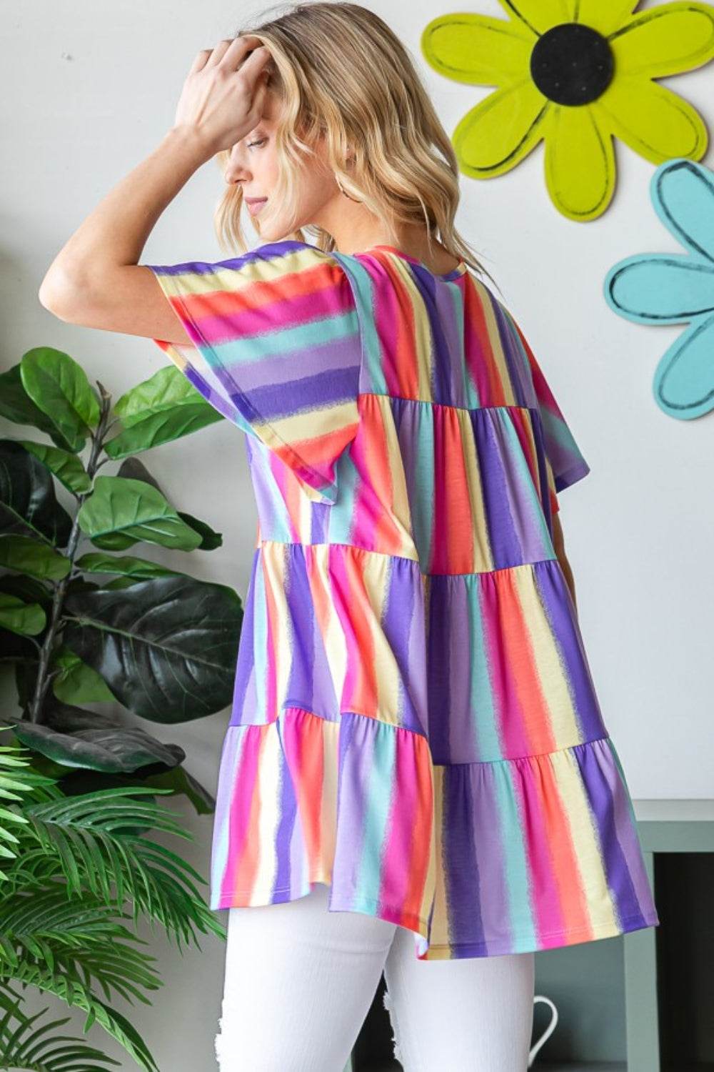 Heimish Full Size Short Sleeve Striped Tiered Top - DaTrendStore.Com