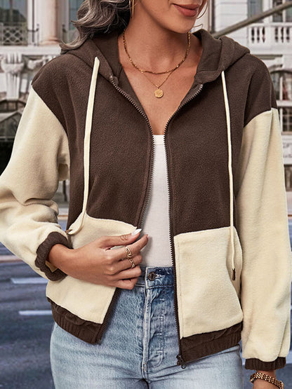 Perfee Two-Tone Zip-Up Dropped Shoulder Hooded Jacket