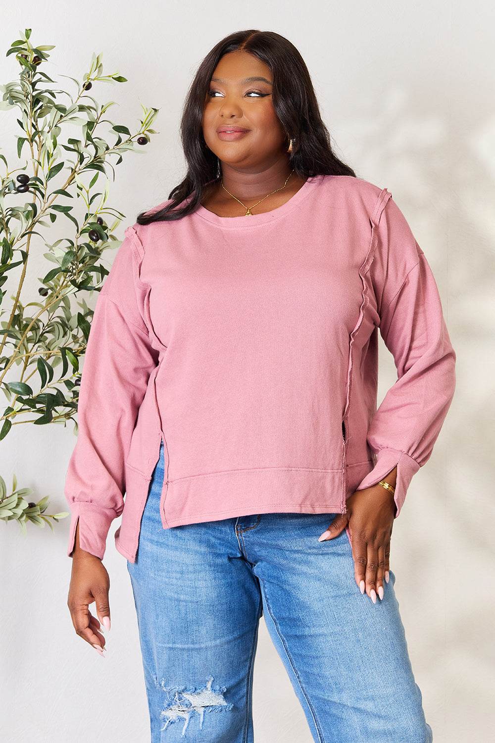 Culture Code Full Size Round Neck Exposed Seam Slit Top - DaTrendStore.Com