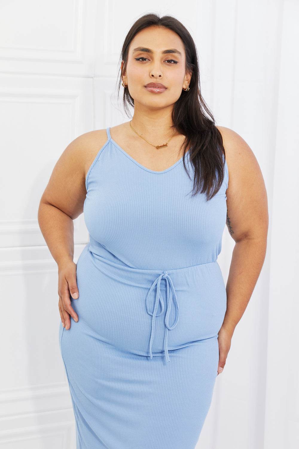 Capella Flatter Me Full Size Ribbed Front Tie Midi Dress in Pastel Blue - DaTrendStore.Com