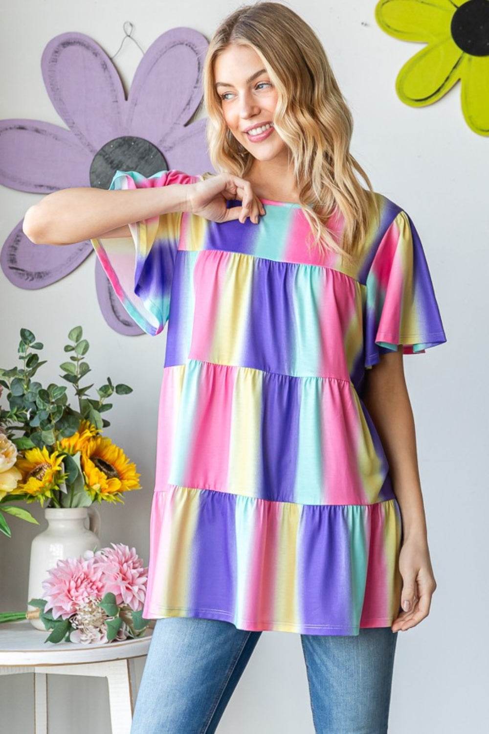 Heimish Full Size Short Sleeve Striped Tiered Top - DaTrendStore.Com