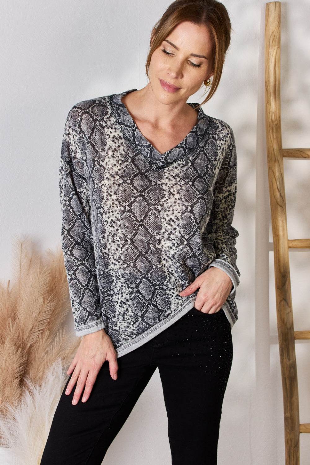 Hailey & Co Full Size Snakeskin V-Neck Long Sleeve Top - DaTrendStore.Com
