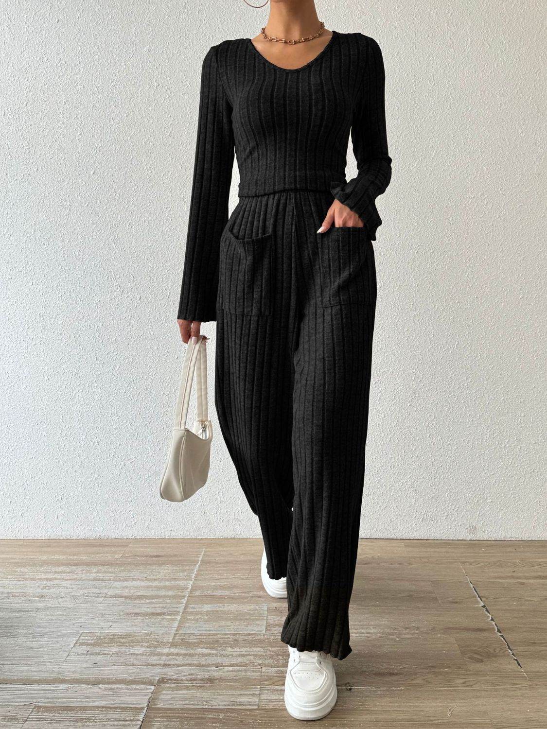 Ribbed V-Neck Long Sleeve Top and Pocketed Pants Set - DaTrendStore.Com