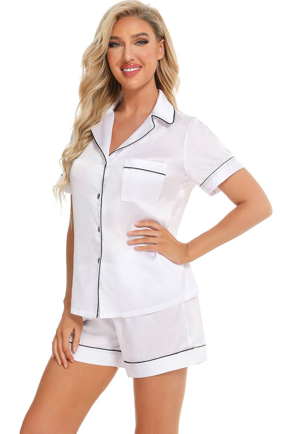 Printed Button Up Short Sleeve Top and Shorts Lounge Set - DaTrendStore.Com