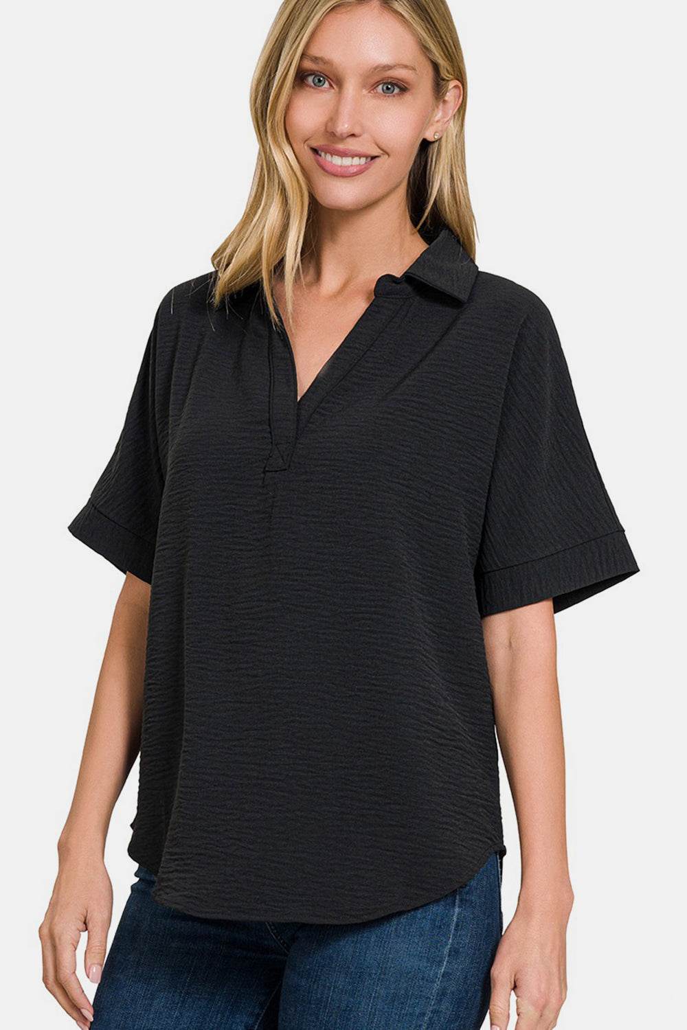Zenana Full Size Texture Collared Neck Short Sleeve Top - DaTrendStore.Com