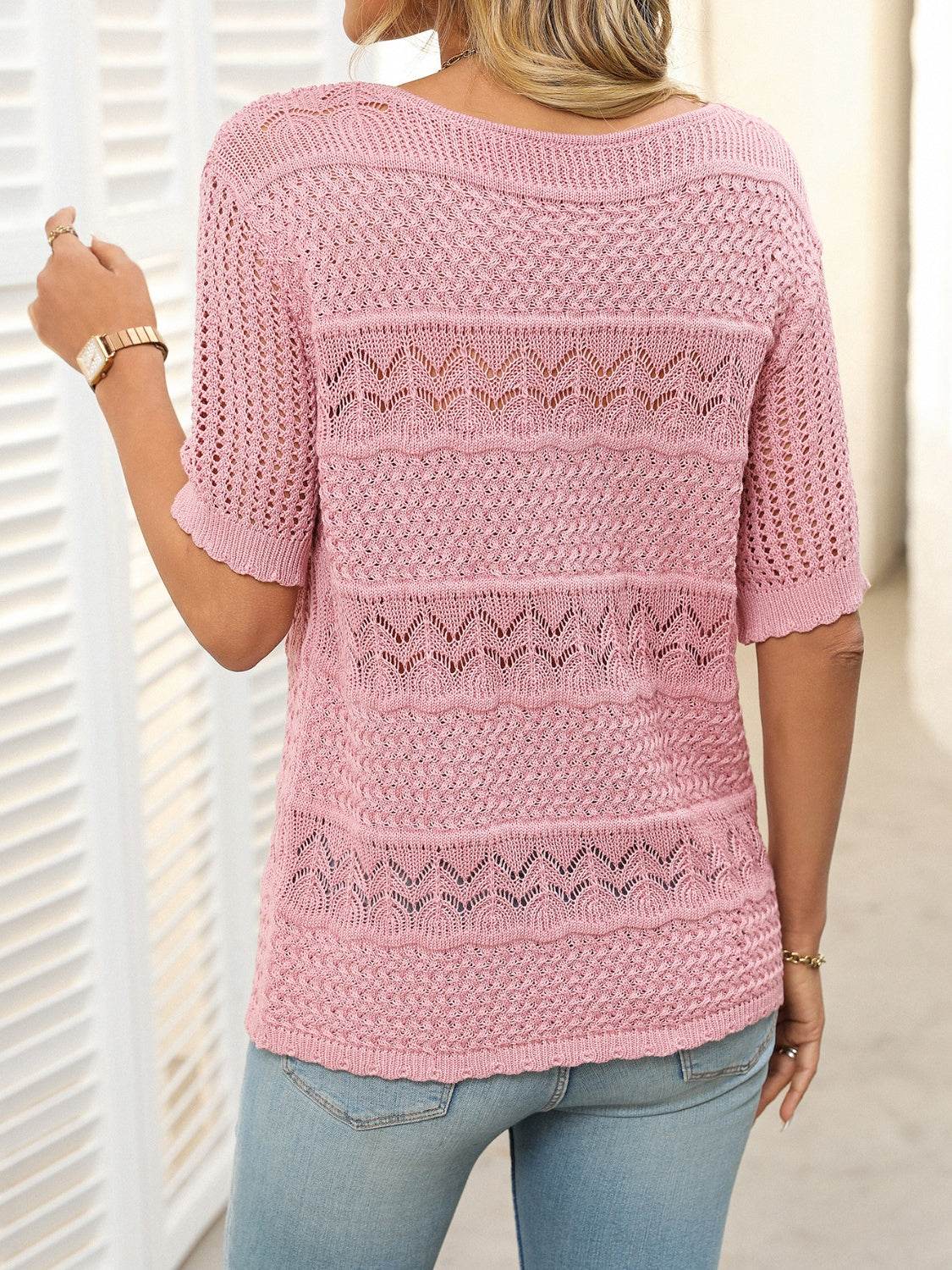 Openwork Round Neck Half Sleeve Knit Top - DaTrendStore.Com