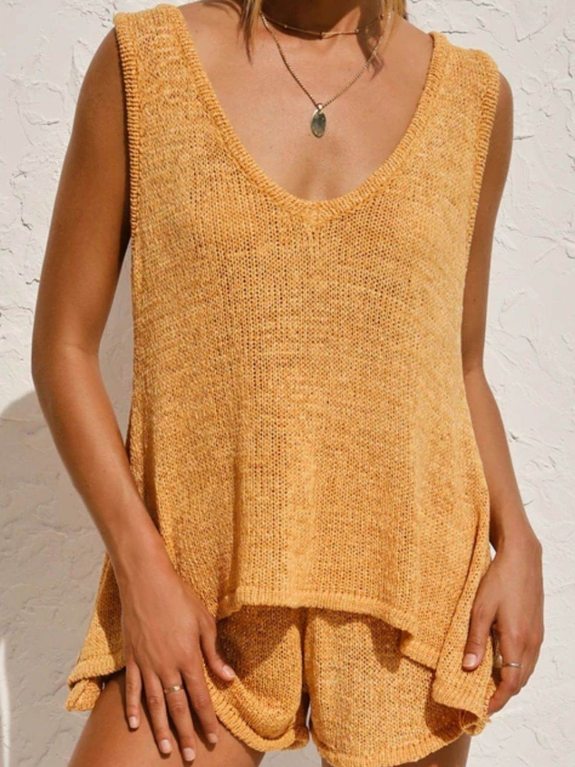 V-Neck Sleeveless Top and Drawstring Shorts Sweater Set - DaTrendStore.Com