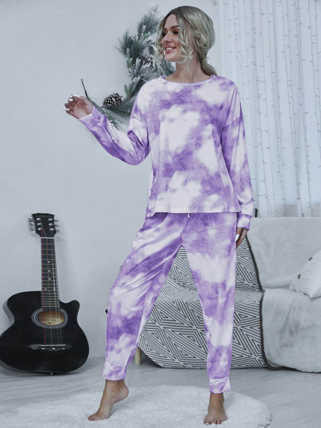 Shiny Tie-dye Round Neck Top and Drawstring Pants Lounge Set - DaTrendStore.Com