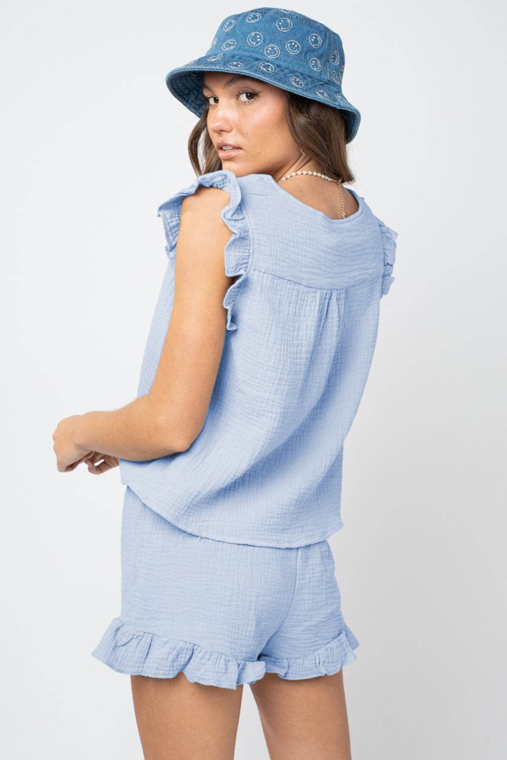 Ruffled V-Neck Cap Sleeve and Shorts Set - DaTrendStore.Com