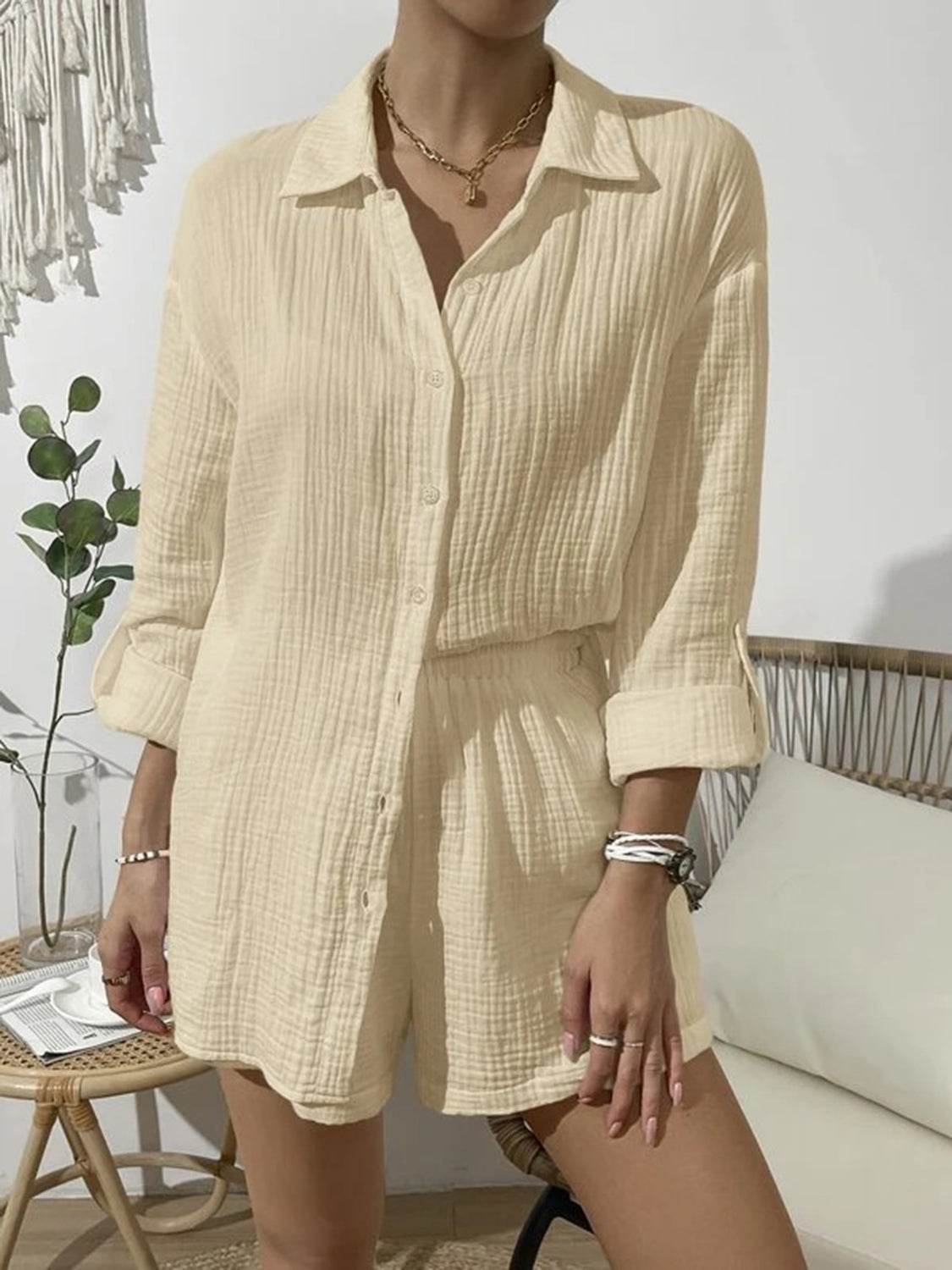 Dropped Shoulder Button Up Top and Elastic Waist Shorts Set - DaTrendStore.Com