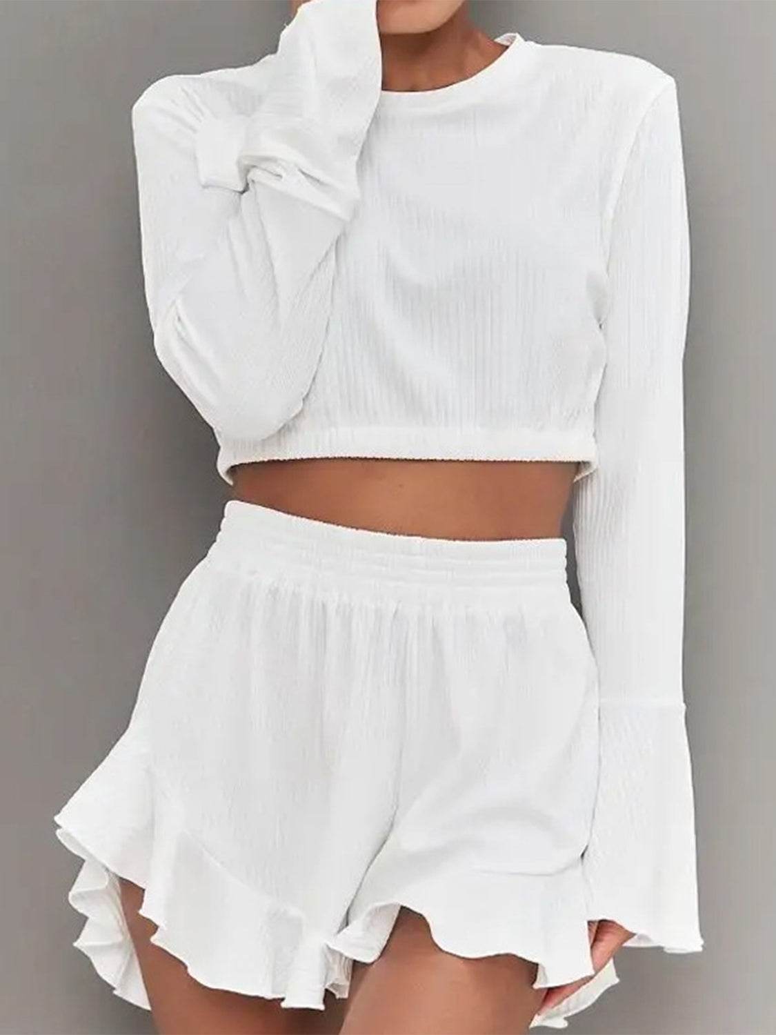 Round Neck Long Sleeve Top and Ruffled Shorts Set - DaTrendStore.Com