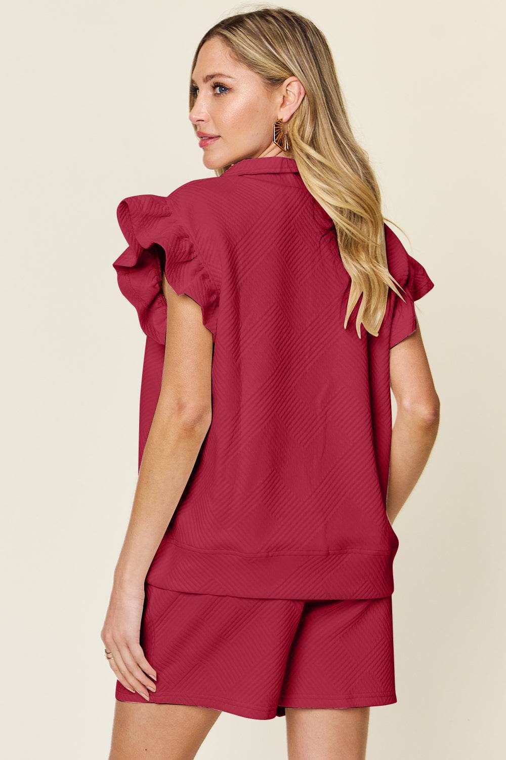Double Take Full Size Texture Flounce Sleeve Top and Drawstring Shorts Set - DaTrendStore.Com