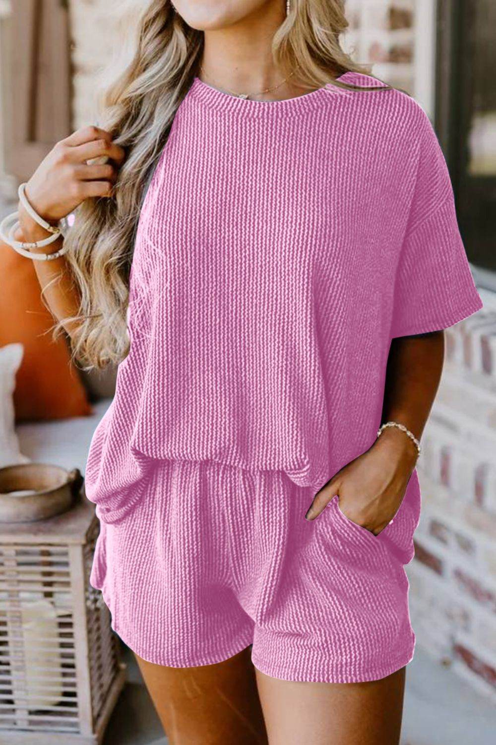 Round Neck Top and Pocketed Shorts Set - DaTrendStore.Com