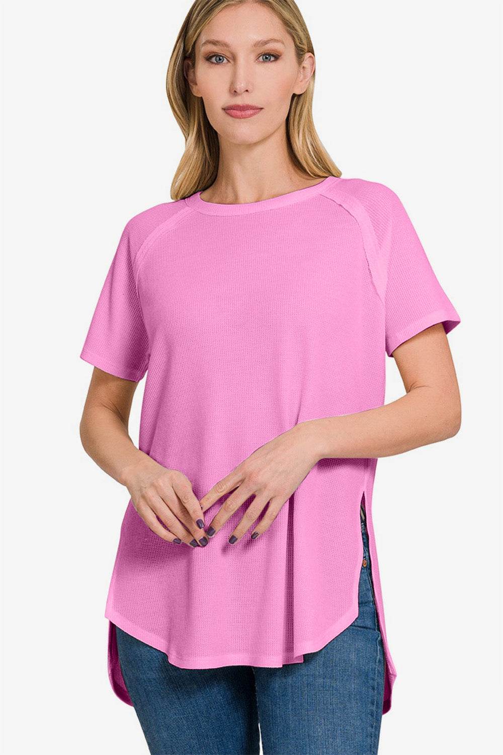 Zenana Slit Round Neck Short Sleeve Waffle Top - DaTrendStore.Com