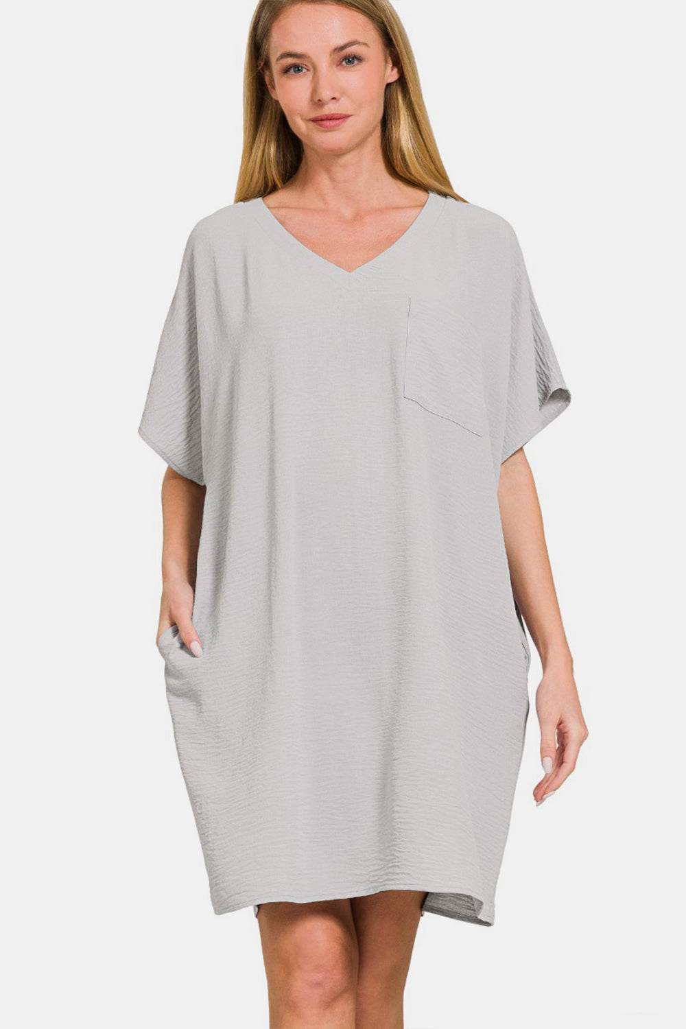 Zenana V-Neck Tee Dress with Pockets - DaTrendStore.Com
