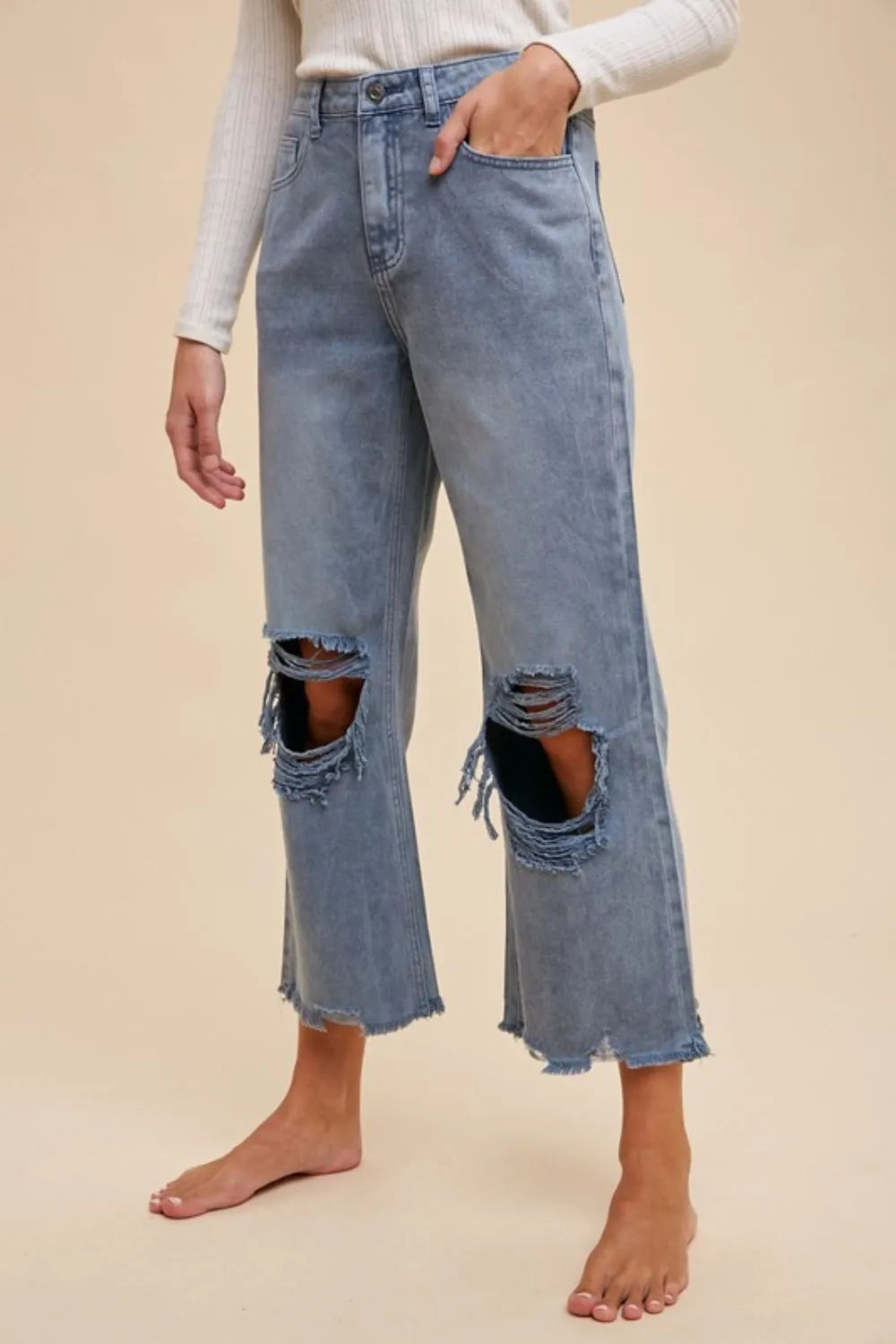 Annie Wear Dusty Blue Distressed Raw-Hem Jeans
