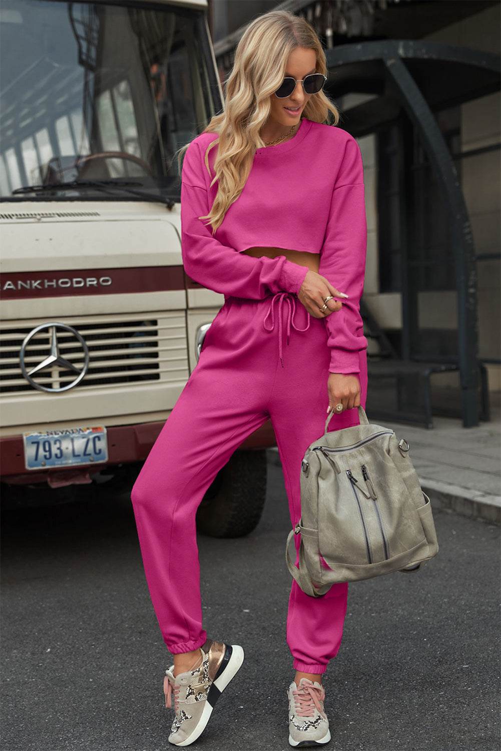 Round Neck Long Sleeve Cropped Top and Pants Set - DaTrendStore.Com