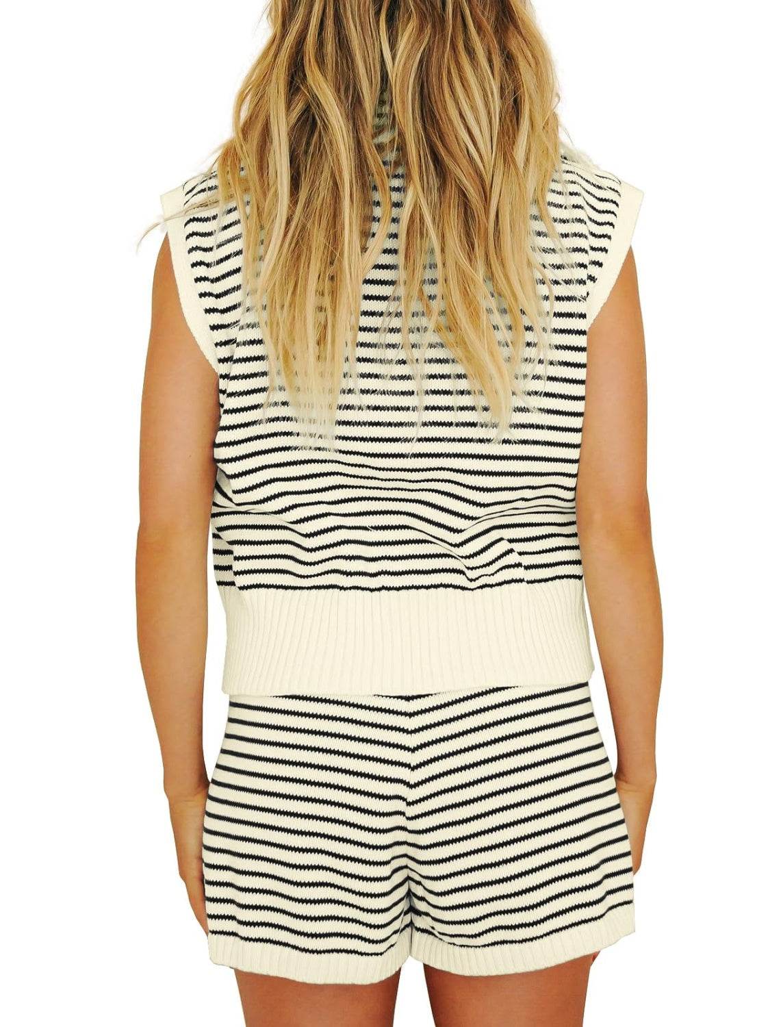Striped Cap Sleeve Top and Shorts Sweater Set - DaTrendStore.Com