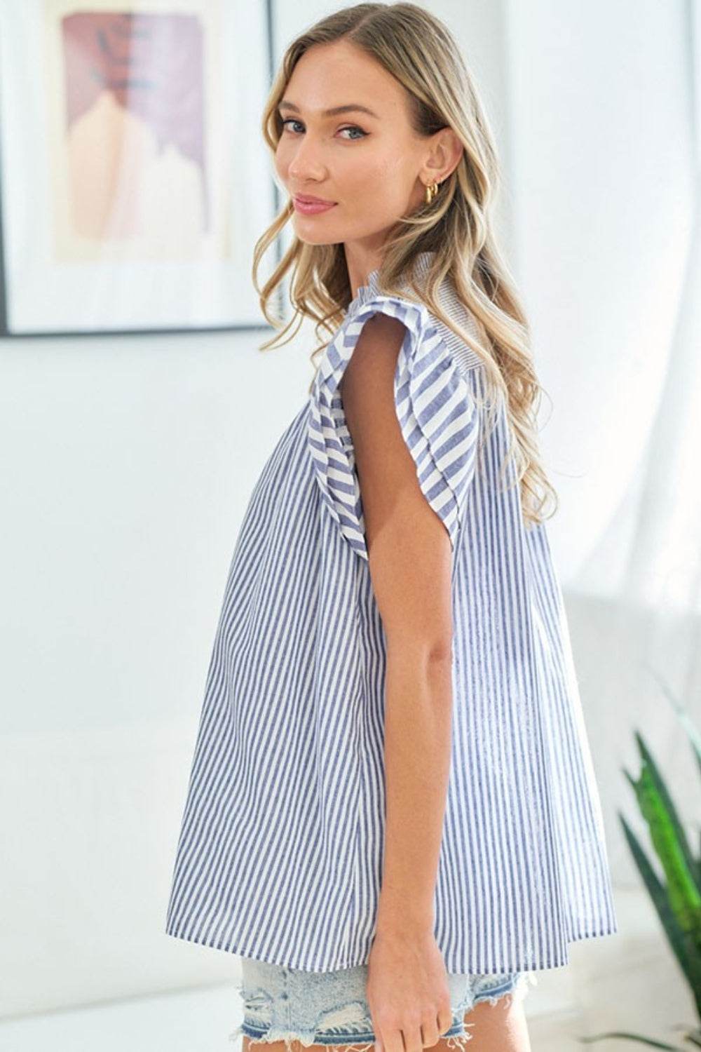 First Love Full Size Striped Flutter Sleeve Blouse - DaTrendStore.Com