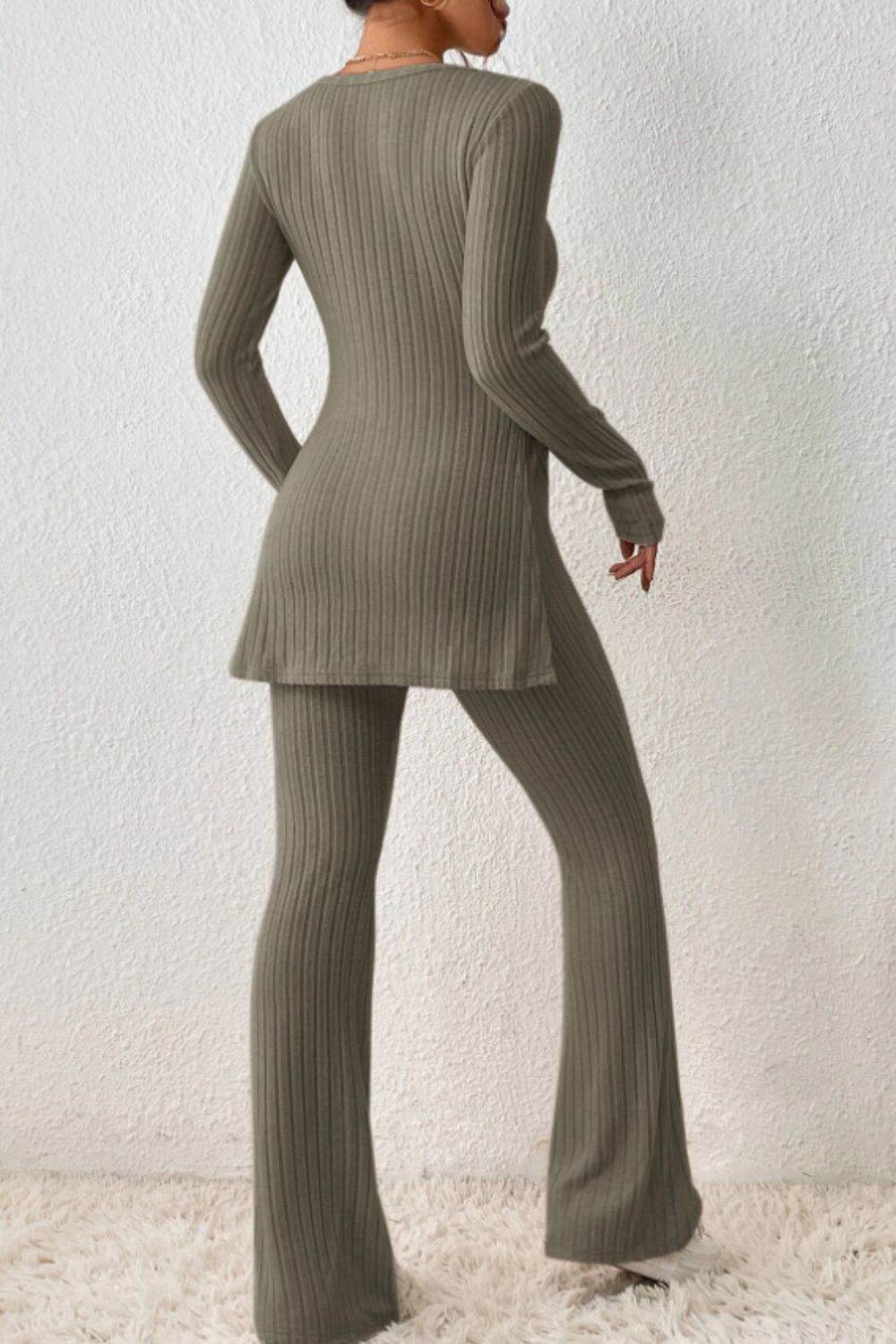 Ribbed Long Sleeve Slit Top and Bootcut Pants Set - DaTrendStore.Com