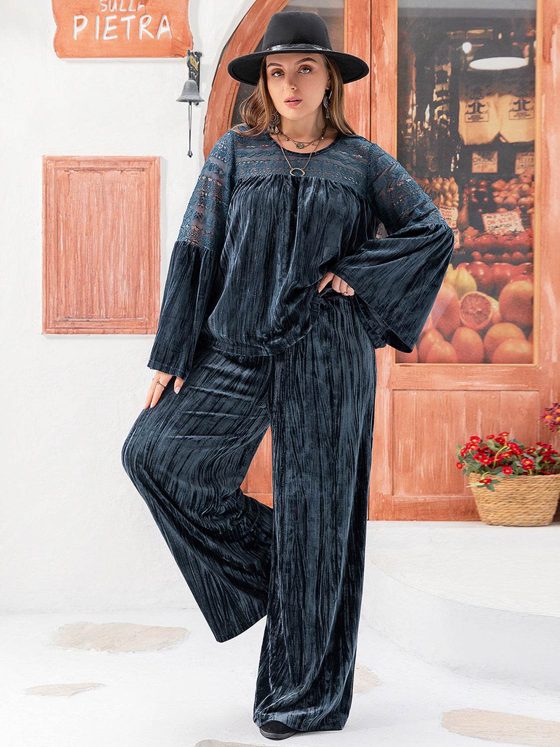 Plus Size Round Neck Flare Sleeve Top and Pants Set - DaTrendStore.Com
