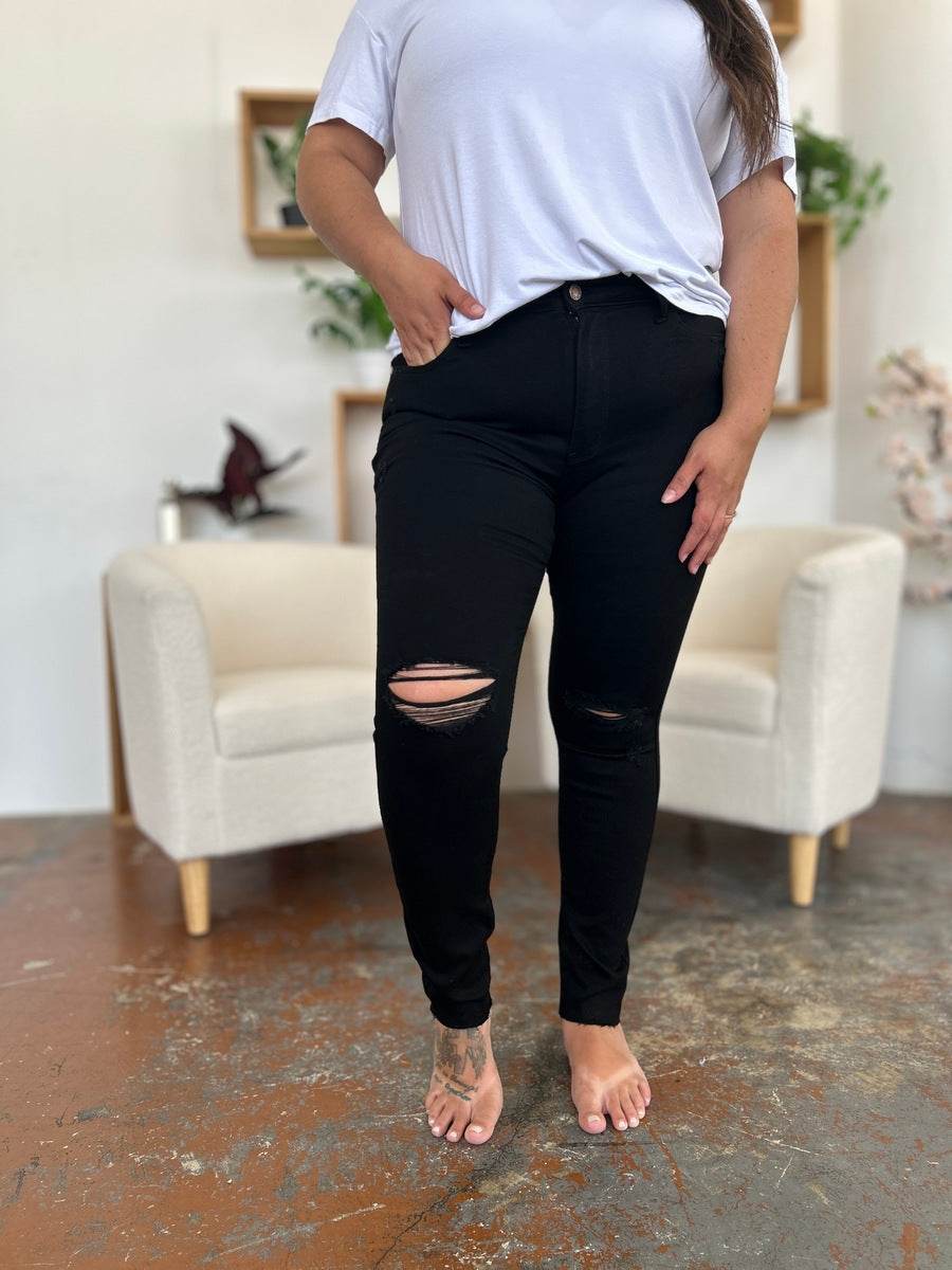 Judy Blue Full Size Distressed Tummy Control High Waist Skinny Jeans - DaTrendStore.Com