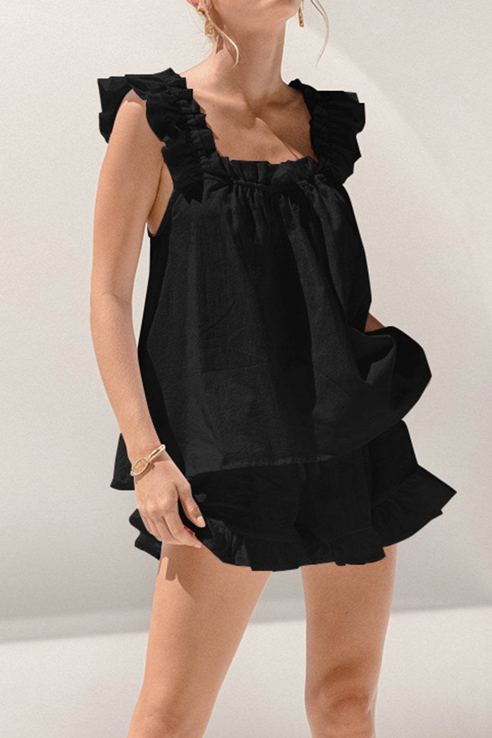 Ruffled Square Neck Top and Shorts Set - DaTrendStore.Com