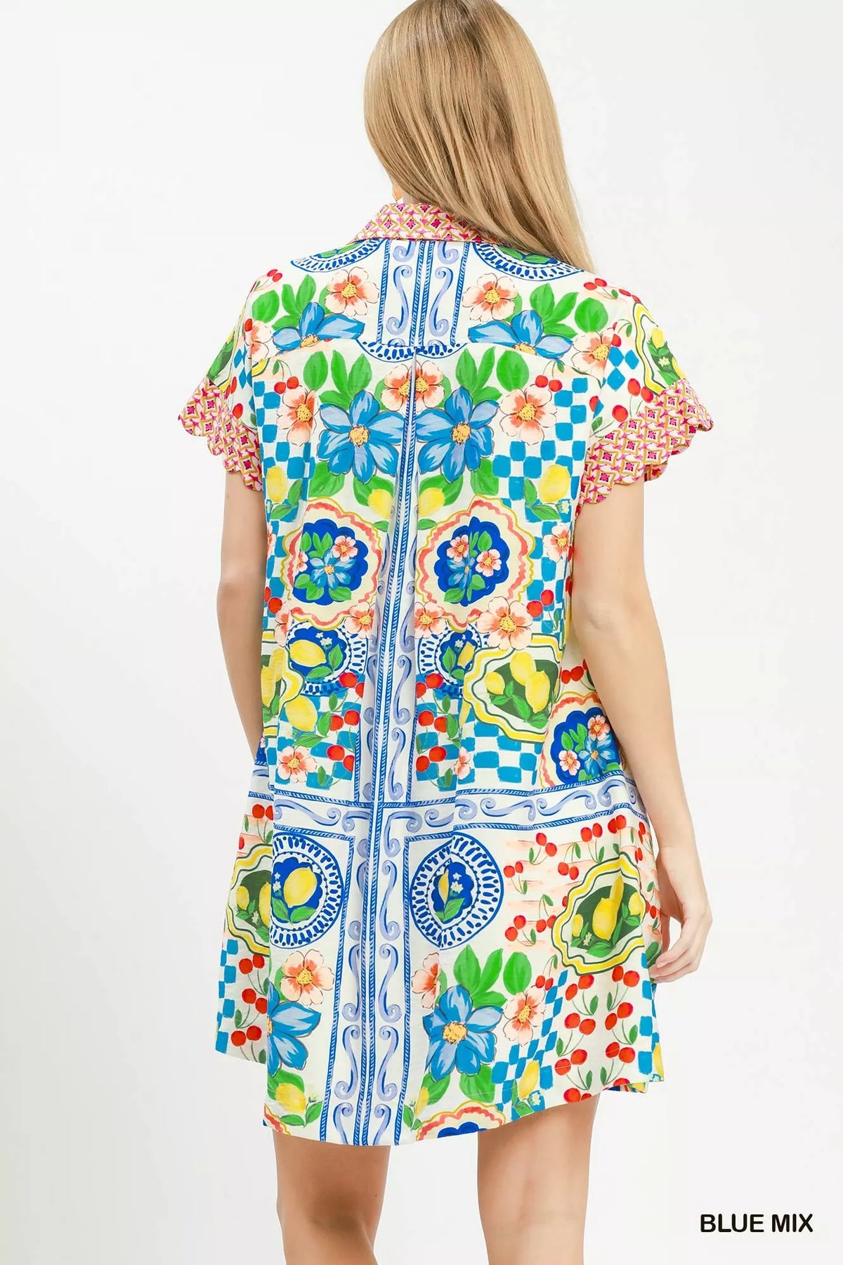 Umgee Mediterranean Print Dress with Contrast Printed Trim - Blue Mix